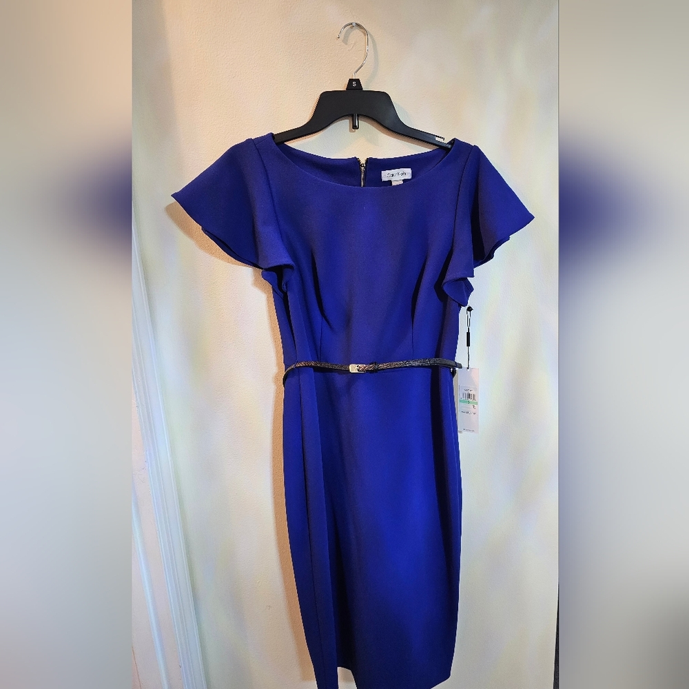Calvin Klein Blue Sheath Dress with Flutter Cap Sleeves